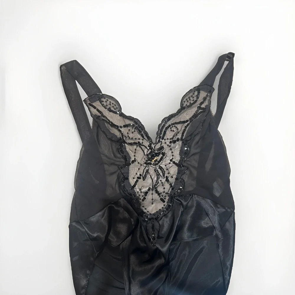 Vintage 80s Mara Black Sheer Satin Beaded‎ Teddy High Cut L Sequin Lingerie